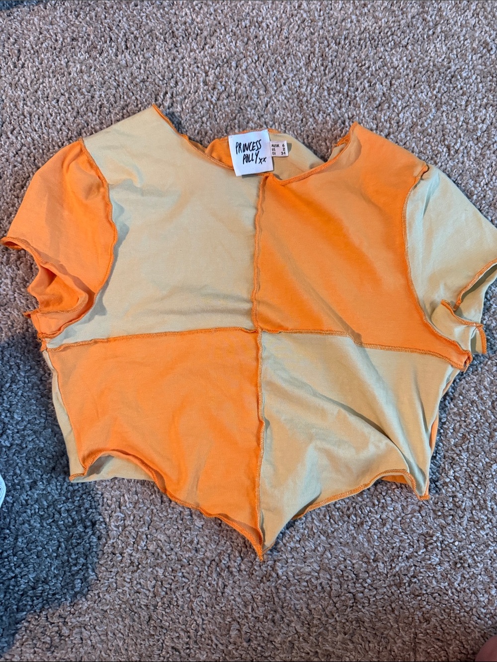 Princess Polly Orange & Cream Patchwork Short Sleeve Crop Top